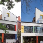 Two photos of the ash tree in zero carbon house Birmingham, one in summer and one in winter