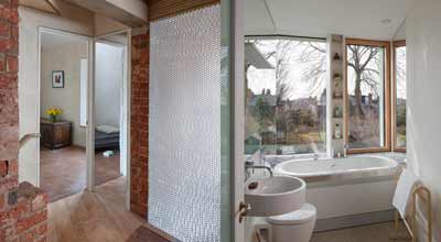 view into the front bedroom and bathroom in zero carbon house, Birmingham