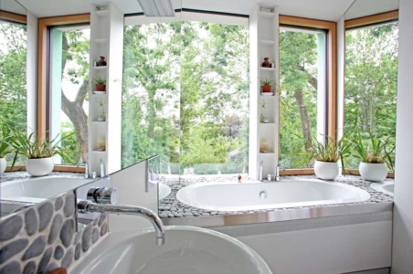 The bathroom in zero carbon house Birmingham showing the garden