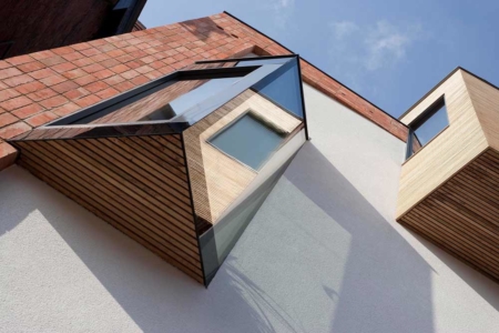 Looking up at the oriel window on the front of the zero carbon house. Birmingham